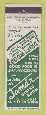 Matchbook Cover - Jamar Restaurant LA Jolla CA Driftwood Dining Room
