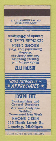 Matchbook Cover - Joseph Fitz Blacksmithing Lansing MI