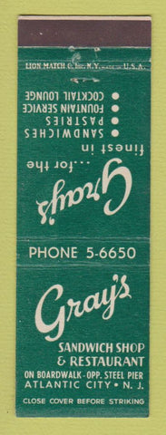 Matchbook Cover - Gray's Sandwich Shop Restaurant Atlantic City NJ