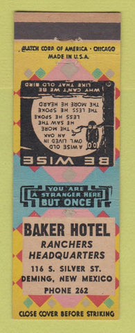 Matchbook Cover - Baker Hotel Deming NM low phone # owl