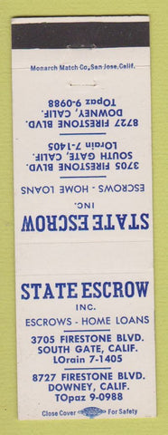 Matchbook Cover - State Escrow Home Loans South Gate Downey CA