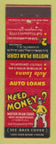 Matchbook Cover - Motor Plan Corp Auto Loans Elizabeth NJ