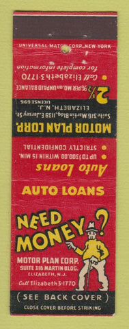 Matchbook Cover - Motor Plan Corp Auto Loans Elizabeth NJ