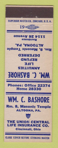 Matchbook Cover - WM Bashore Insurance Union Central Altoona PA