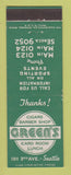 Matchbook Cover - Green's Barber Shop Card Room Lunch Cigars Seattle WA