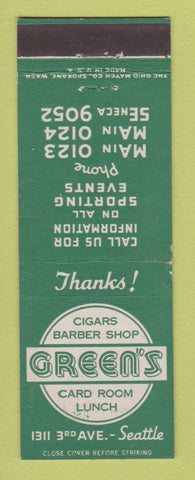 Matchbook Cover - Green's Barber Shop Card Room Lunch Cigars Seattle WA