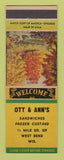 Matchbook Cover - Ott & Ann's Sandwiches West Bend WI