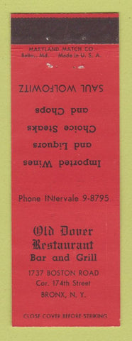 Matchbook Cover - Old Dover Restaurant Bar Grill Bronx NY Saul Wolfowitz