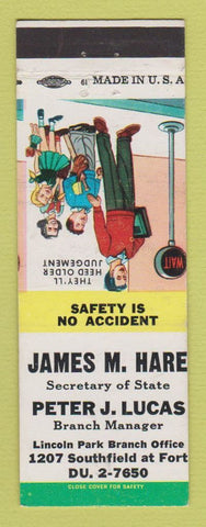 Matchbook Cover - James Lucas James Hare Secretary of State Lincoln Park MI