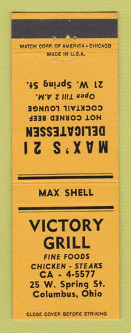Matchbook Cover - Victory Grill Max's 21 Deli Columbus OH