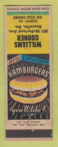 Matchbook Cover - Williams Corner Restaurant Rossville GA