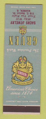 Matchbook Cover - Gruen Watches Sachs Jewelry Warren OH