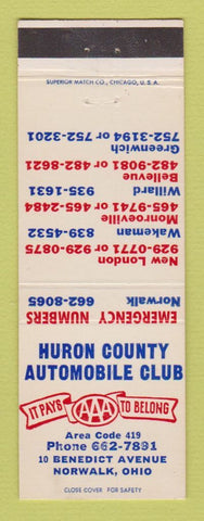 Matchbook Cover - Huron County Auto Club Norwalk OH Greenwich Willard Wakeman