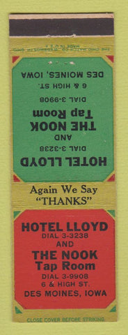 Matchbook Cover - Hotel Lloyd Nook Tap Room Des Moines IA