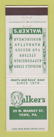Matchbook Cover - Walker's Men's Clothes York PA Kuppenheimer Stetson