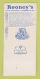 Matchbook Cover - Rooneys Restaurant San Francisco Tiburon CA 30 Strk SAMPLE