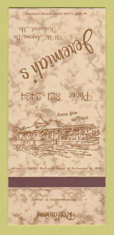 Matchbook Cover - Jeremiah's Restaurant Kirkwood MO 30 Strk SAMPLE