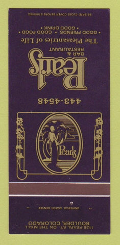 Matchbook Cover - Pearls Bar Restaurant Boulder Colorado girlie 30 Strk SAMPLE