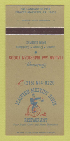Matchbook Cover - Malvern Meeting House Restaurant Frazer PA 30 Strk SAMPLE
