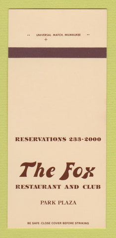 Matchbook Cover - Fox Restaurant Club Milwaukee? WI 30 Strk SAMPLE