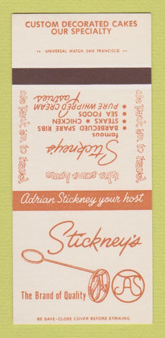Matchbook Cover - Stickney's Restaurant Palo Alto Redwood City CA 30 Strk SAMPLE