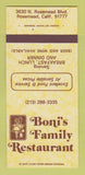 Matchbook Cover - Boni's Family Restaurant Rosemead CA 30 Strk SAMPLE