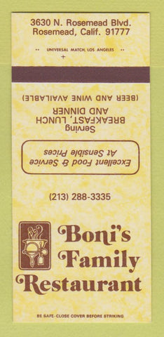 Matchbook Cover - Boni's Family Restaurant Rosemead CA 30 Strk SAMPLE