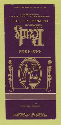 Matchbook Cover - Pearls Bar Restaurant Boulder Colorado 30 Strk SAMPLE