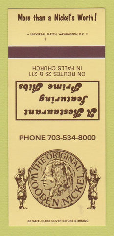 Matchbook Cover - Original Wooden Nickel Falls Church VA 30 Strk SAMPLE