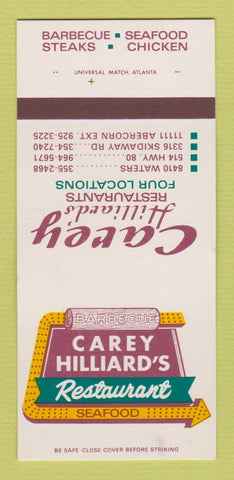 Matchbook Cover - Carey Hilliard's Restaurants  BBQ Savannah GA 30 Strk SAMPLE