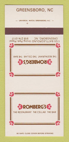 Matchbook Cover - Romberg's Restaurant Greensboro NC 30 Strk SAMPLE