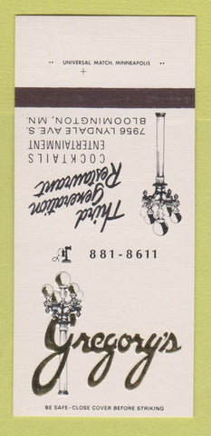 Matchbook Cover - Gregory's Restaurant Bloomington MN 30 Strk SAMPLE