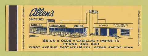 Matchbook Cover - Allen's Buick Oldsmobile Cadillac Cedar Rapids IA SAMPLE