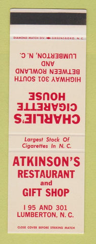 Matchbook Cover - Atkinson's Restaurant Lumberton NC Cigarettes SAMPLE