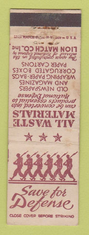 Matchbook Cover - WWII Lion Match Save for Defense WORN