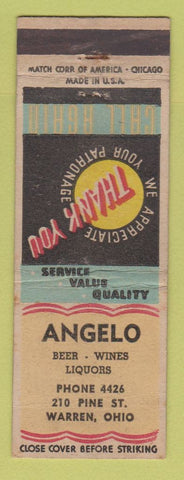 Matchbook Cover - Angelo Warren OH liquor WWII WEAR