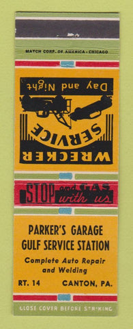 Matchbook Cover - Parker's Garage Gulf oil gas Canton PA