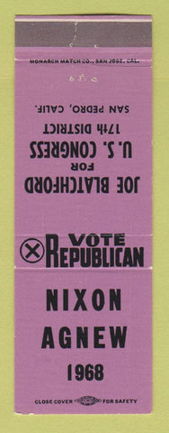Matchbook Cover Richard Nixon for President Spiro Agnew 1968 San Pedro CA PURPLE