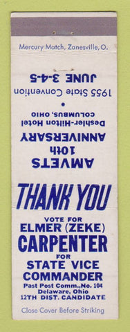 Matchbook Cover - Elmer Zeke Carpenter Amvets Columbus OH Vice Commander 1955