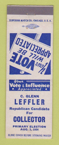 Matchbook Cover - C Glenn Leffler Collector Election 1954