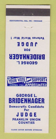 Matchbook Cover - George Bridenhager Judge Election Franklin Union County IN