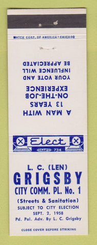 Matchbook Cover - LC Len Grigsby City Commissioner Election 1958