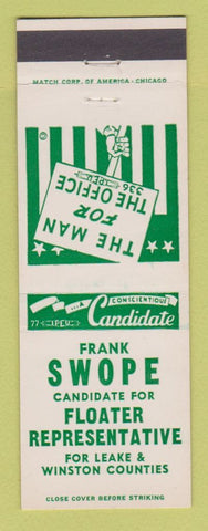 Matchbook Cover - Frank Swope Floater Rep Election Leake Winston County MS