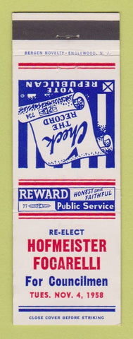 Matchbook Cover - Hofmeister Focarelli Councilman Election 1958 Fairview NJ