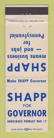 Matchbook Cover - Milton Shapp for Governor PA Pennsylvania PA
