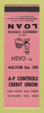 Matchbook Cover - AP Controls Credit Union Milwaukee WI SAMPLE