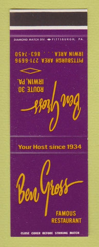 Matchbook Cover - Ben Gross Restaurant Irwin PA SAMPLE