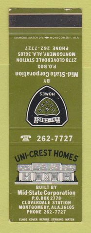 Matchbook Cover - Uni Crest Homes Mid State Corp Montgomery AL WEAR SAMPLE