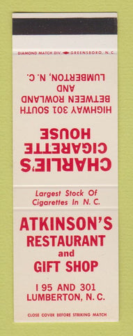 Matchbook Cover - Atkinson's Restaurant Lumberton NC Cigarette House SAMPLE