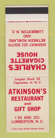 Matchbook Cover - Atkinson's Restaurant Lumberton NC Cigarette House SAMPLE